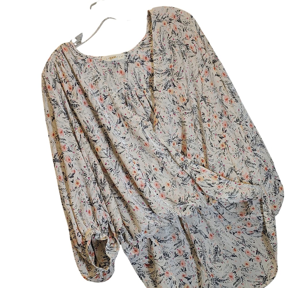 Ovestitch Womens Floral Surplice V-Neck Blouse Cream Pink Boho front wrap  Small